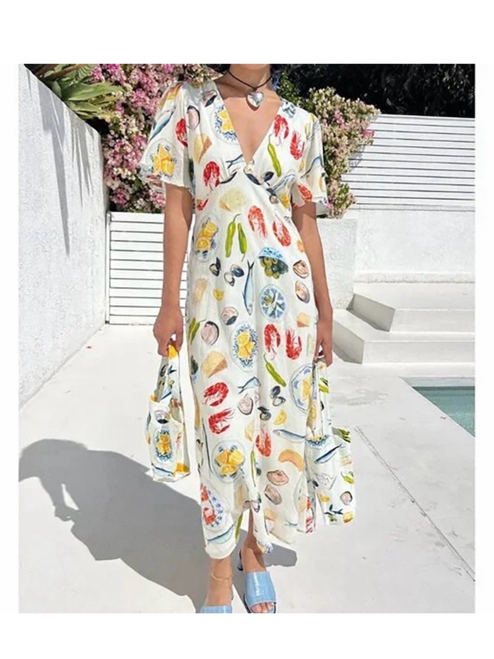 Lisa Says Gah Cream Dress with Multicolor Seafood and Fruit Print